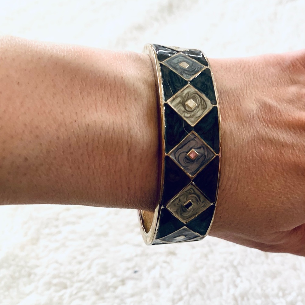 hinged cuff bracelet. Pewter Tone. Art Deco Style